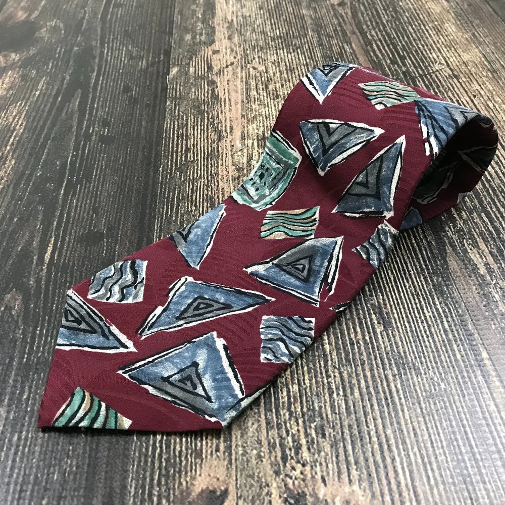 HALSTON III Modernist Print Silk Tie Cravat USA Made Burgundy Red Blue Green